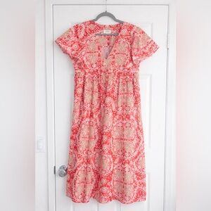 Anthropologie Maeve Coral and Beige Patterned Midi Dress Cotton